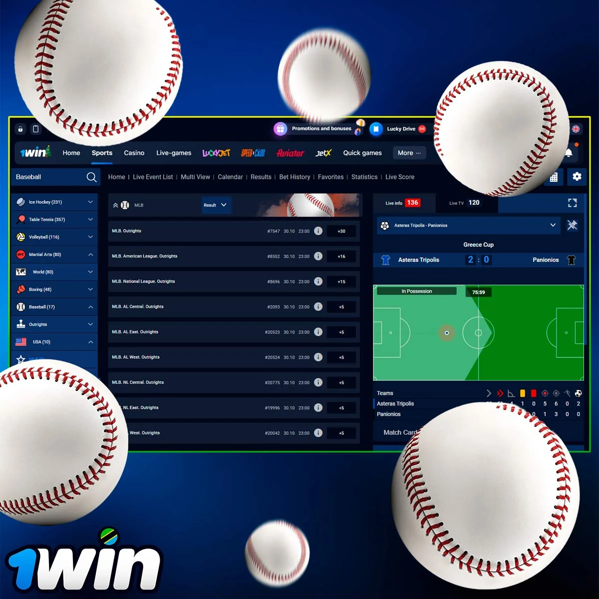 Baseball betting information at 1Win Casino