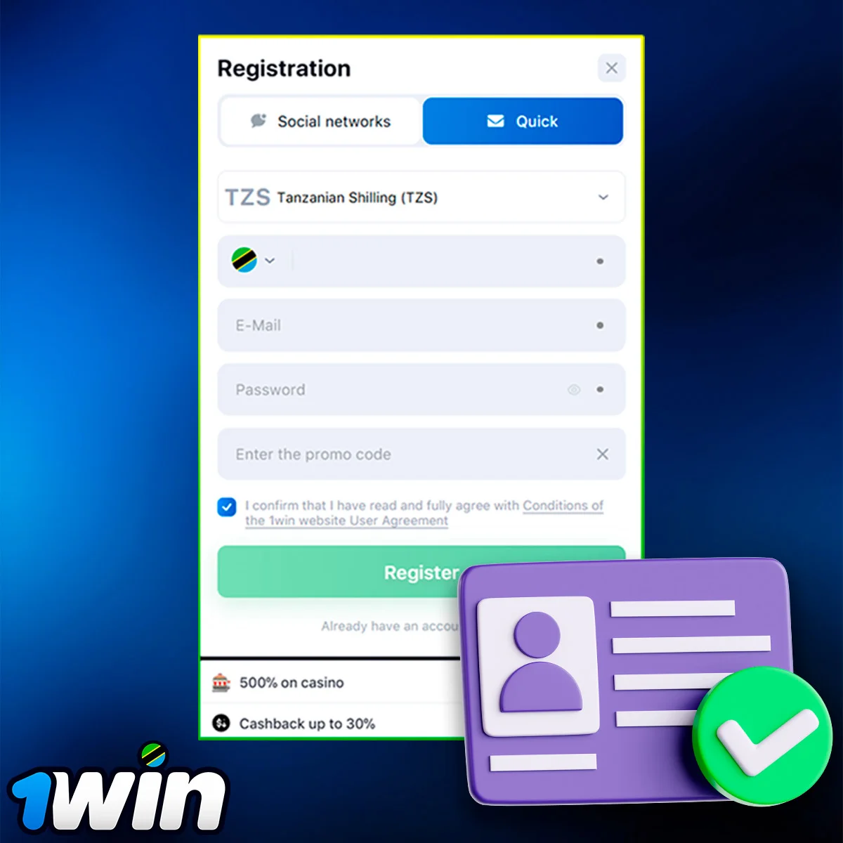 Instructions on how to create an account on 1Win
