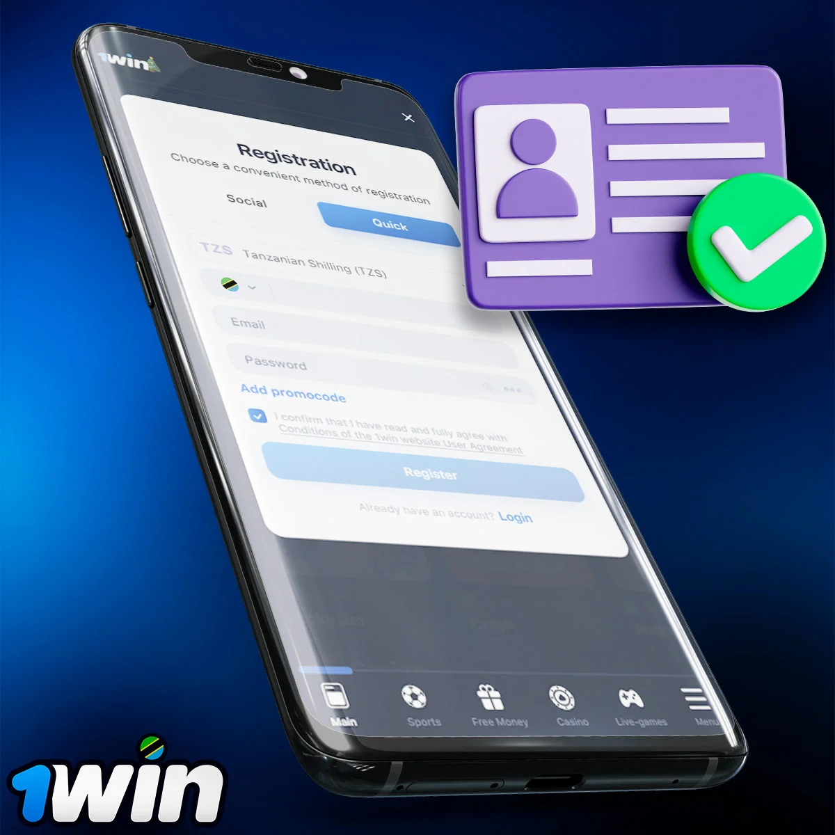 Instructions on how to register in the 1Win app