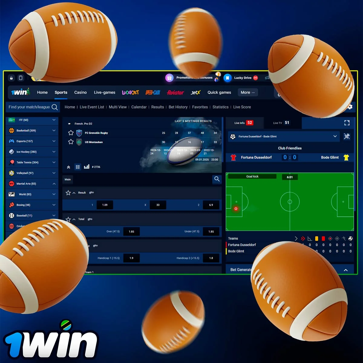 Rugby betting information at 1Win Casino